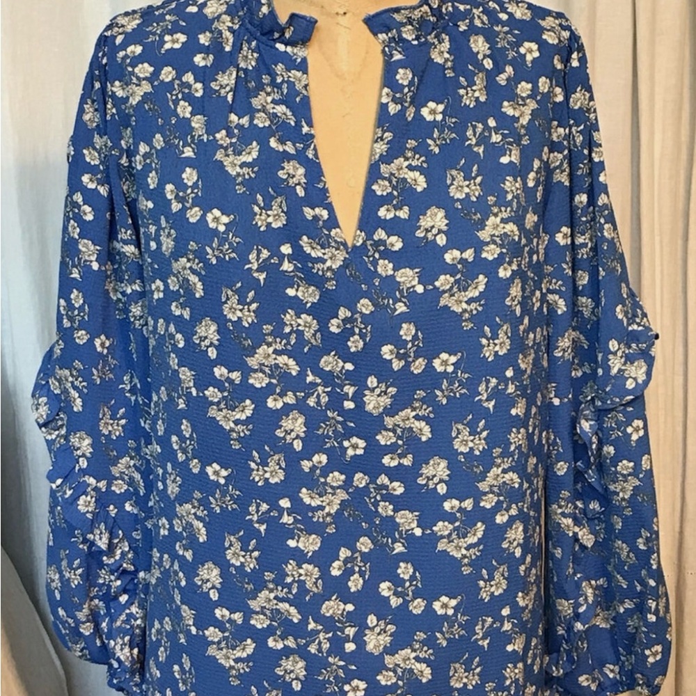 W5 Anthropologie Long Sleeve XL Ruffle Blue Floral Peasant Blouse